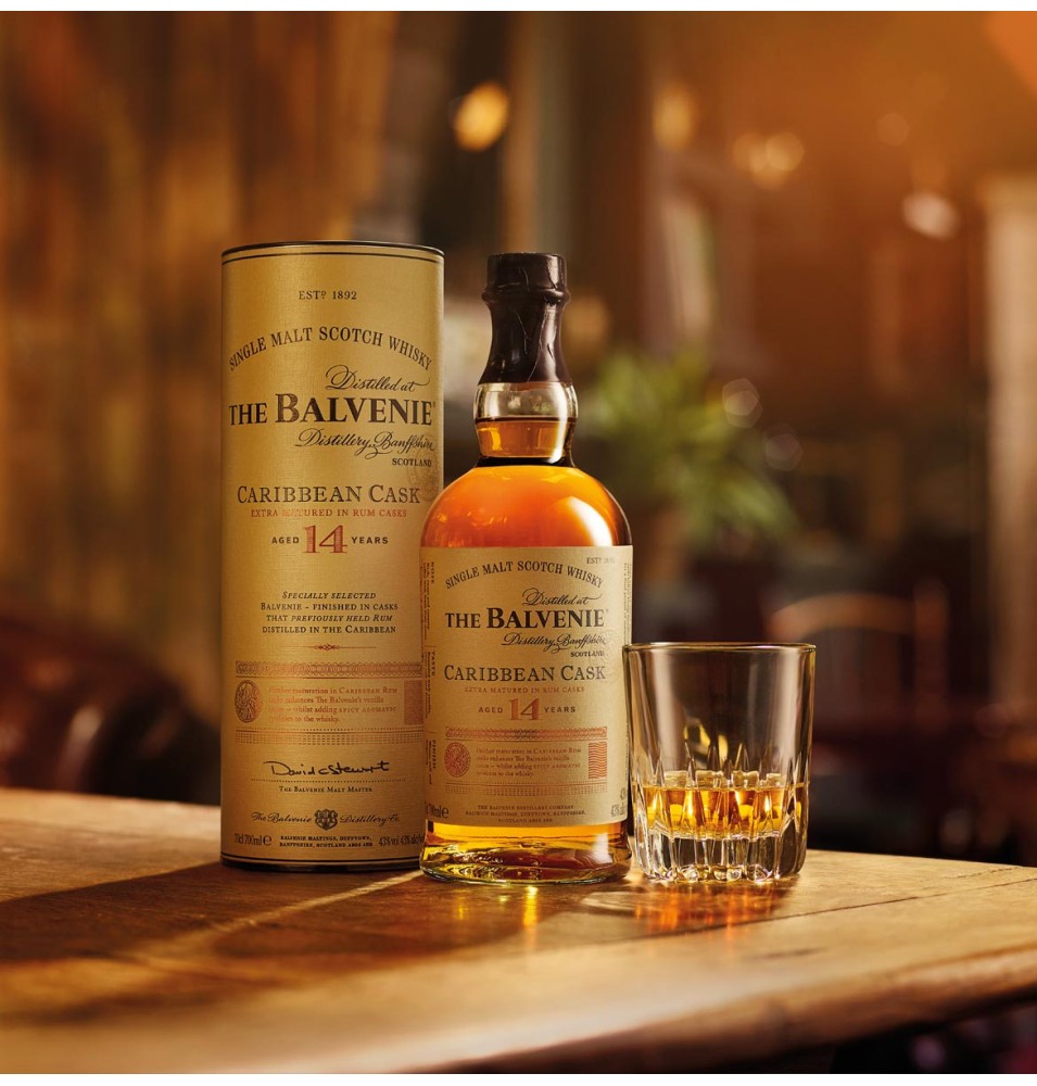 BALVENIE "CARIBBEAN CASK" 14 ANS 43% Alc./Vol.-70CL + 2 VERRES COFFRET